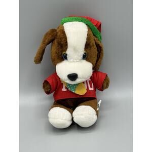 Brown Puppy Dog In Red Christmas Santa Hat & 1990 Shirt 9” Stuffed Animal VTG